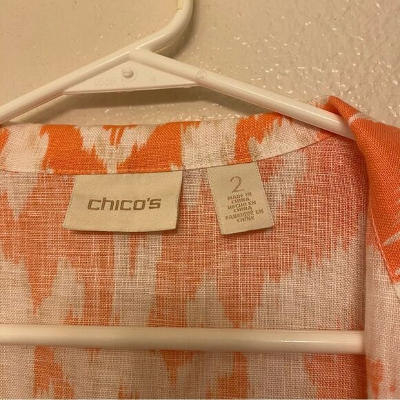 Chicos coral IKAT Print 100% Linen cardigan jacket Sunrise Orange EUC 2 L 12 - Picture 3 of 10
